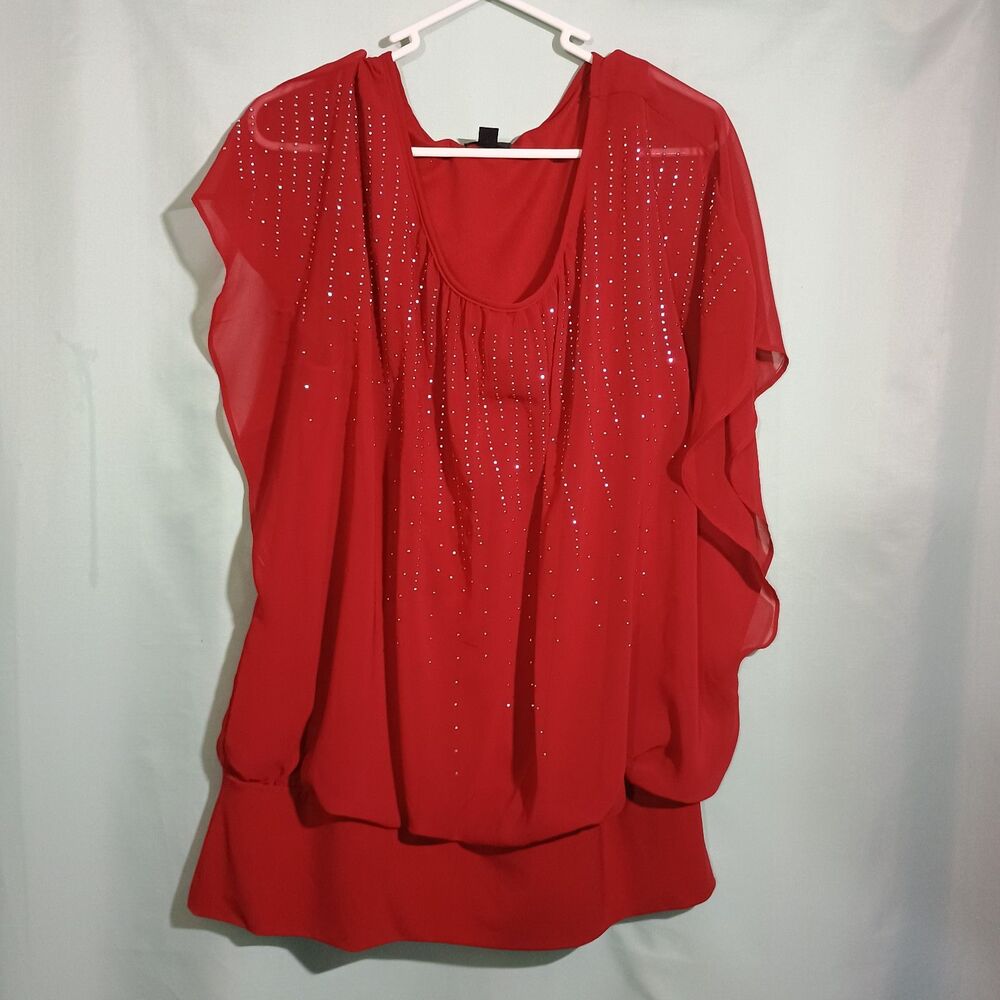 Red Rhinestone Chiffon Blouse – Sheer Layered Flutter Sleeve Evening Top